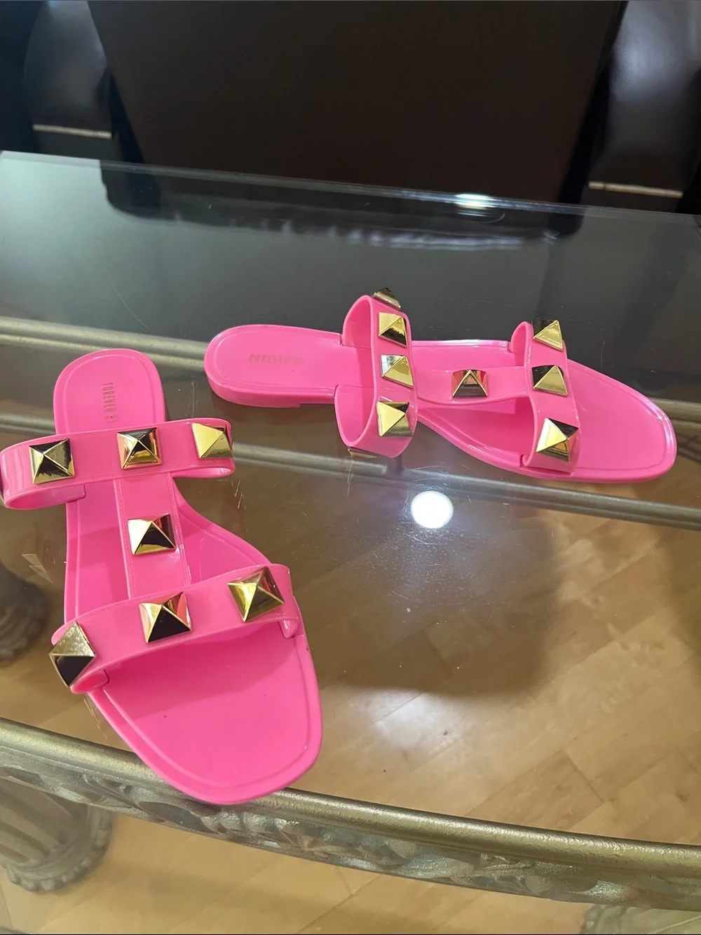 Forever 21 Hot Pink Double-Strap Slide Sandals with Gold Studs